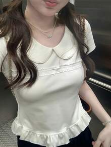 甜美彼得潘領蕾絲拼接短袖T恤 夏季新款收腰顯瘦短版女上衣 白色 - 白色 - 查看 2