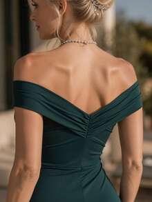 Long Dress In Blue, Green, Red, Marsala, Rose, And Olive + Colors For Bridesmaids, Graduates, And Guests, Off-The-Shoulder With Padded Cups, Fluid Fit, Size 38 To 42 - 墨綠色 - 查看 5