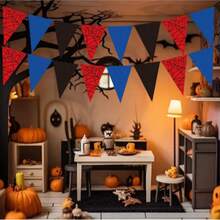 12入紅藍黑蜘蛛網三角旗橫幅，預串好蜘蛛主題生日派對裝飾，卡通懸掛三角旗，適用萬聖節生日派對背景佈置 - 蜘蛛網拉旗 - 查看 2