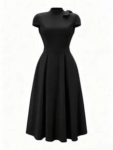 NOU Elegant Lady Style Bow Tie Small Stand Collar Cap Sleeve Short Sleeve A-Line Waist-Defining Mid-Length Dress For Women, Flattering Proportion, - Black - View 7