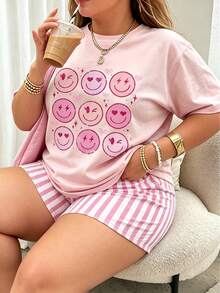 2pcs Plus Size Vintage American Style Cartoon Print, Striped Colorblock Casual INS Style Women's Pajama Set - Pink - View 1