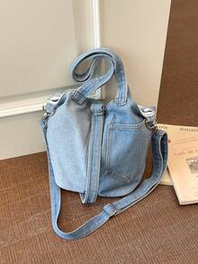 Vintage Colorblock Washed Canvas Tote Bag, Handheld & Crossbody, Cargo Style Style, Large Capacity Student Commuter Bag - Blue - View 6