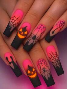 24pcs Halloween Nail Stickers, Black Gradient Powder Pumpkin & Spider Design, Y2K Style Square Fake Nails, Manicure Supplies - Hot Pink - View 1