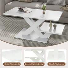 Coffee Table, Rectangular In White, Double Worktop, High Gloss Finish, Side Table, Sofa Table, Living Room Table Made Of MDF, X-Shaped Geometric Table Legs, Load Capacity Up To 10 Kg, 100x48x45cm - White - View 3