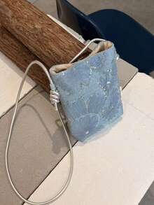 女款小眾設計串珠刺繡水桶包，2026新款輕量通勤斜挎手機包，適合日常出行與購物，百搭時尚 - 霧霾藍 - 查看 2