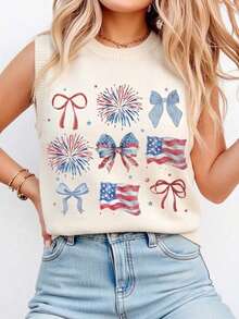 Off-White Rundhals Strickweste Damen Frühling Herbst Neu Schleifen Muster Ärmelloser Pullover Weste Layering Top Damen Sommer Weltmeisterschaft Amerikanische Flagge Muster - Weiss - Übersicht 1
