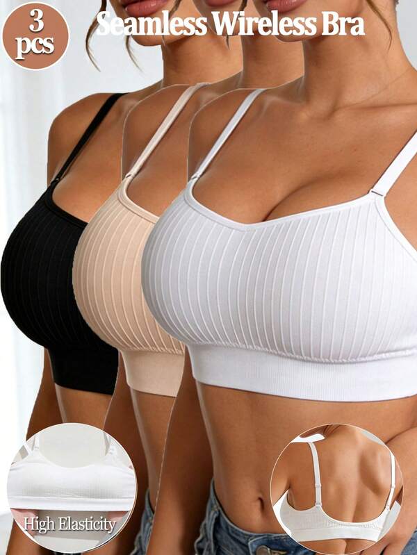 3pcs Women's Backless Bra, Casual Comfortable Wireless Bra With Wavy Ruffle Trim, Removable Padding Lingerie Bra