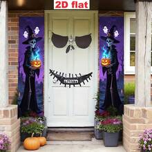 2pcs Halloween Porch Banner, Blood Hand Zombie Skeleton Witch Gothic Hanging Flag, Front Door Decor, Indoor Outdoor Yard Garage Farmhouse Horror Party Decor, Spooky Creepy Scary Gothic Holiday Supplies, Halloween Themed Decorative Hanging Banner - Halloween Couplets - View 9