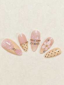 Show Your Beauty 24pcs Almond Shaped Elegant Cool Polka Dot Shiny Rhinestone Chain Lace Mesh Gold Stripe Flower French Glossy Bright White Fake Nails Fashion Versatile Wearable Nails Suitable For Dates Parties Spring Summer Women And Girls Autumn Winter Daily Wear Removable Press-On Nail Set With Jelly Glue And Nail File Easy To Wear And Durable Jelly Glue Randomly Sent - Multicolor - View 3