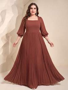 Square Neck Pleated Lantern Sleeve Dress With Ruffle Hem, Elegant Chiffon Bridesmaid Gown - Redwood - View 5
