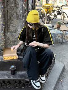 女款寬鬆條紋對比色字母印花短袖T恤，百搭夏季上衣休閒黑色 - 黑色 - 查看 3