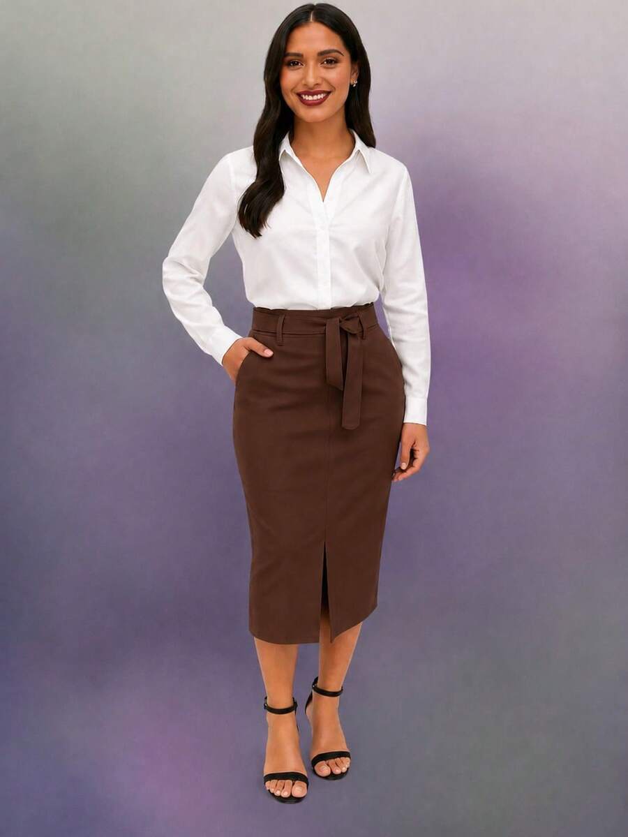 Women's Faux Leather Midi Skirt With Buckleless Belt – Fits Sizes 38 To 50 | Casual, Elegant, And Comfortable - 鏽棕色 - 查看 1