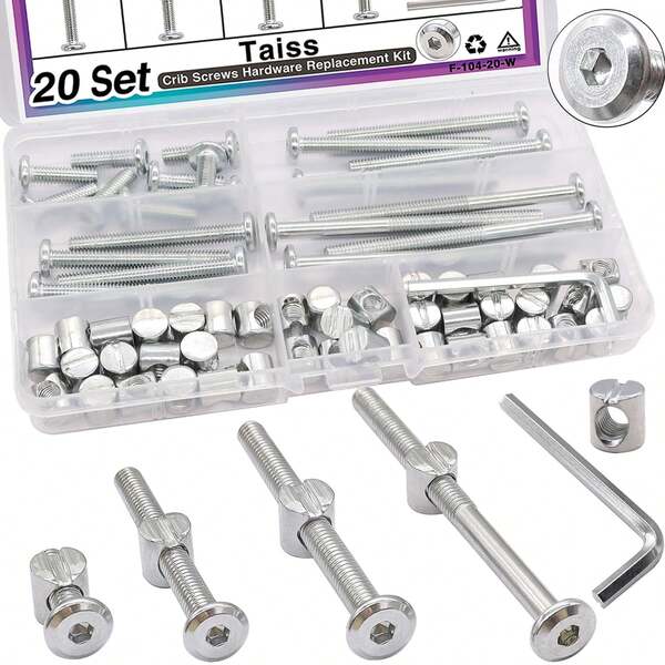 Taiss 20 Set Crib Screws M6x20mm/40mm/60mm/80mm Baby Bed Crib Screws Hardware Replacement Kit,Bunk Bed Bolts Hex Socket Cap Screws Bolt With Barrel Nuts/Wrenches For Beds Furniture Headboards