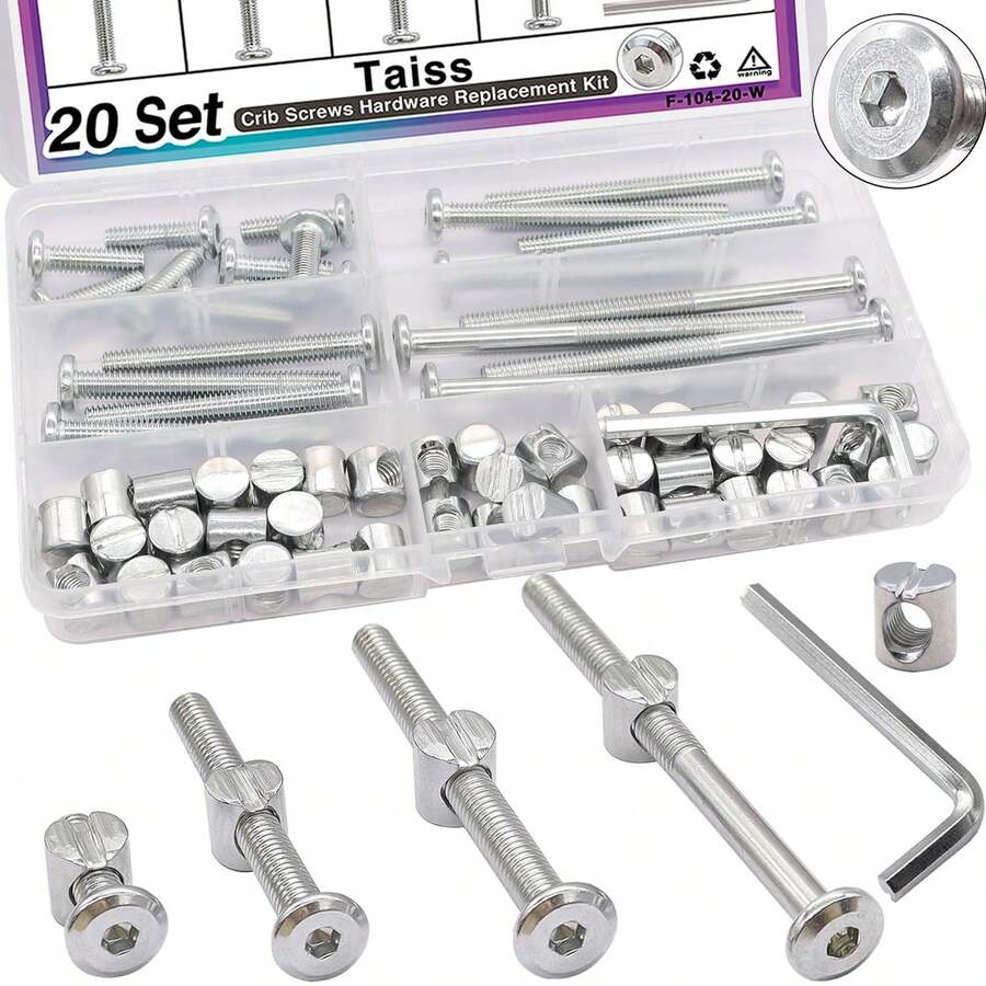 Taiss 20 Set Crib Screws M6x20mm/40mm/60mm/80mm Baby Bed Crib Screws Hardware Replacement Kit,Bunk Bed Bolts Hex Socket Cap Screws Bolt With Barrel Nuts/Wrenches For Beds Furniture Headboards - Color - View 1