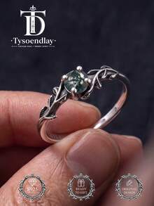 Tysoendlay 1 pieza Anillo de promesa de plata de ley 925 estilo bohemio con ágata natural y hoja de musgo, anillo de boda con piedra de nacimiento, regalo de joyería para mujer, regalo de aniversario - Plata antigua - Ver 3