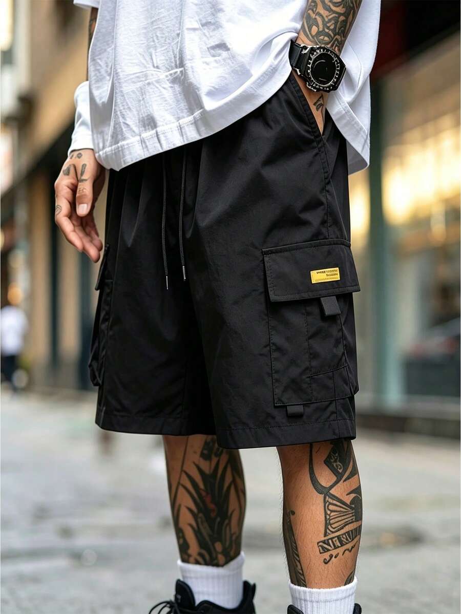 1pc Men's Summer Outdoor Solid Color Pocket Drawstring Waist Cargo Shorts Black Sports - Black - View 1