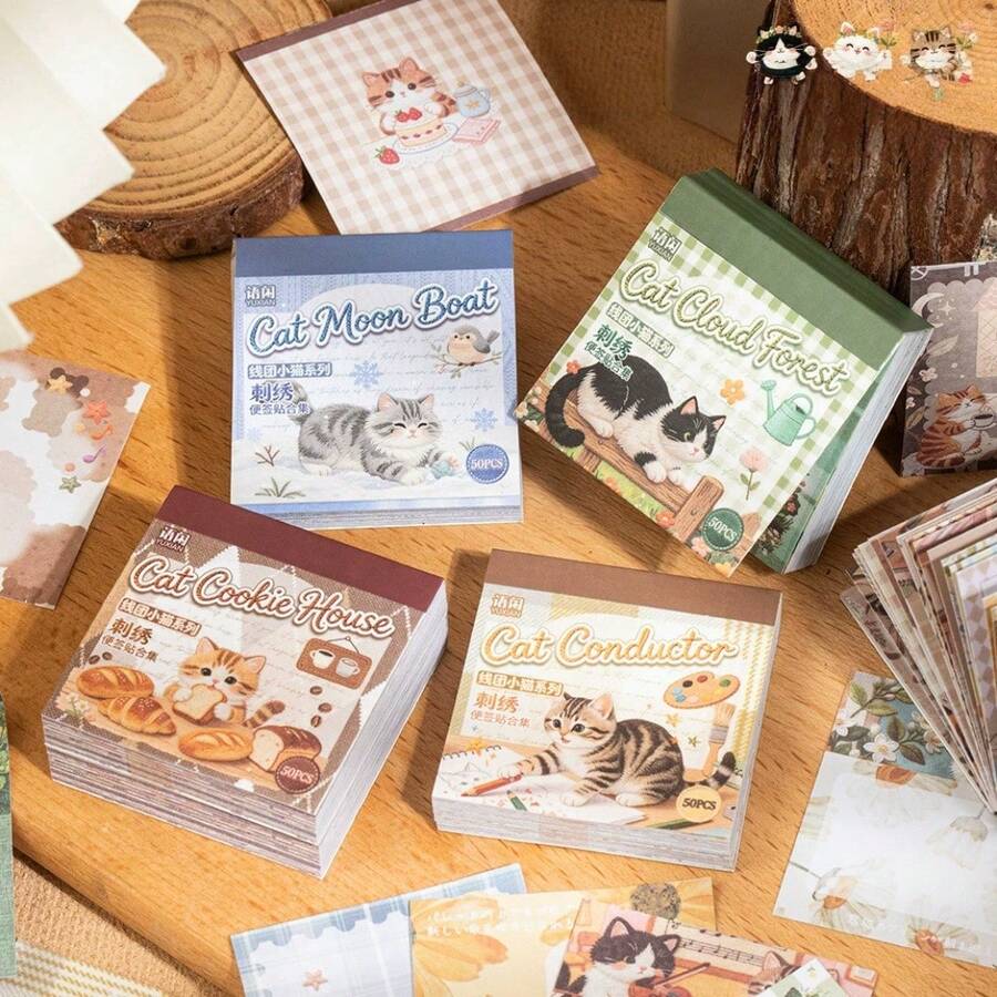 50pcs Cute Knitted Print Cat Square Sticky Notes, Suitable For Planner, Scrapbook, Daily To-Do List, Office Reminders - A - View 1