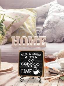 1pc Farmhouse Style Coffee Bar Decor Sign, Rise & Shine It's Coffee Time, 4"X4" Wooden Plaque With Stand, Home Kitchen Desktop Decoration Gift - Multicolor - View 7
