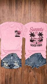 100% Cotton Unisex Round Neck Short-Sleeve T-Shirt With Palm Tree And Sunset Pattern, And The Words "FOREVER CHASING Sunsets" On The Back. Summer Wome - 安全粉紅色 - 查看 1