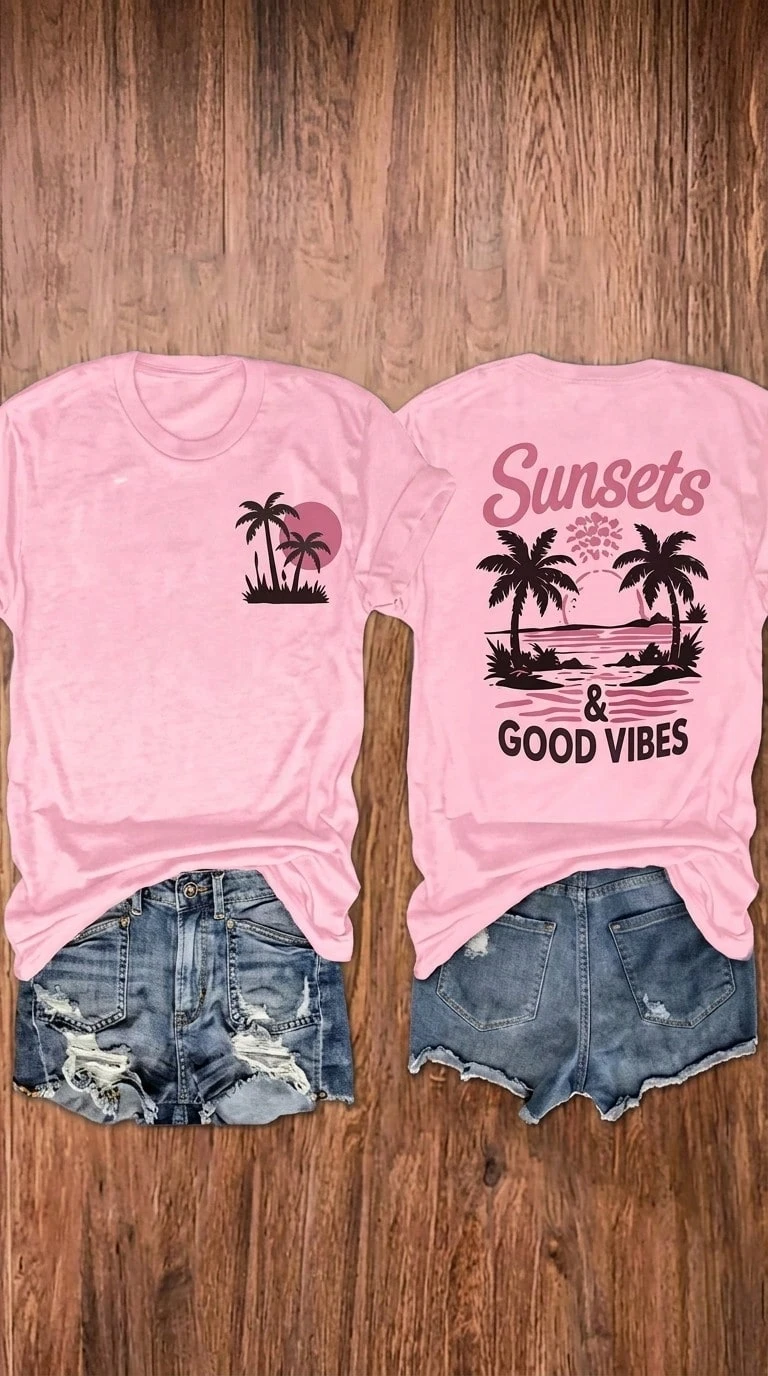 100% Cotton Unisex Round Neck Short-Sleeve T-Shirt With Palm Tree And Sunset Pattern, And The Words "FOREVER CHASING Sunsets" On The Back. Summer Wome - 安全粉紅色 - 查看 1