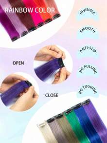1pc Clip-In Hair Extension, Human Hair, Colorful Hair Extension, Red Clip-In Human Hair, Rainbow Color Party Highlights, Straight Hair Piece, For Women And Girls, Cosplay Clip-In Hair Extension, Purple, Halloween Costume And Christmas - Multicolor - View 3