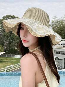 1 pezzo Cappello di paglia da donna estivo nuovo dolce carino elegante in pizzo bohémien per protezione solare all'aperto, best-seller estivo con ampia tesa pieghevole che snellisce il viso, elegante di alta qualità, comodo e casual, adatto per uscite, raduni, shopping, viaggi, vacanze e altre occasioni - Multicolore - Visualizzare 7