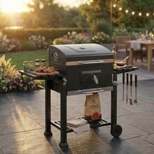 A Wheeled Barbecue Cart-Style Grill, Equipped With A Grill And Thermometer, Suitable For Upright Grilling, Camping, Gardening, And Picnics. Camping, Garden - Barbecue Grill - View 3