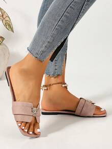 Ximi Ruo Women's Spring/Summer New Fashion Casual Slide Sandals, Comfortable Flat Low-Heel Round Toe Slip-On Beach Shoes, Simple Versatile Decorative Outdoor Sandals For Summer - Pink - View 5
