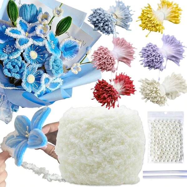 NafuXiaJJia 600 Pcs 6-Coloured Flower Stamens For Crafting,200 Pcs Pearls And 1 Roll Fluffy Yarn For Pipe Cleaners Crafting,Bouquet Accessories,Pipe Cleaner Flower Kit