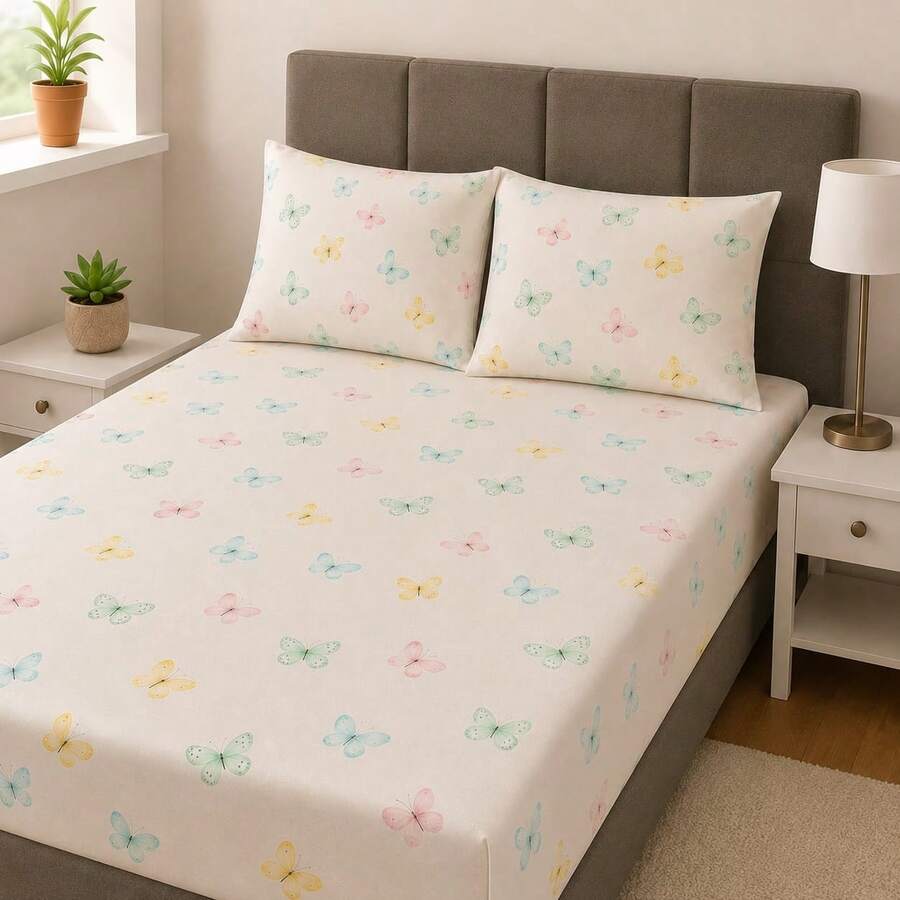 Double Sheet Set With Elastic, 3 Pieces, 100% Cotton, Pillowcase With Stick Stitch Detail, Printed Bed Linens - Colotid Butterfly - View 1