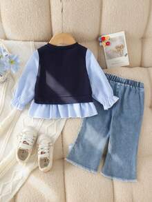 2pcs Baby Girl Casual College Style Long Sleeve Striped Patchwork Ribbed Sweatshirt & Denim Pants Set, Thin Spring/Autumn - Royal Blue - View 2