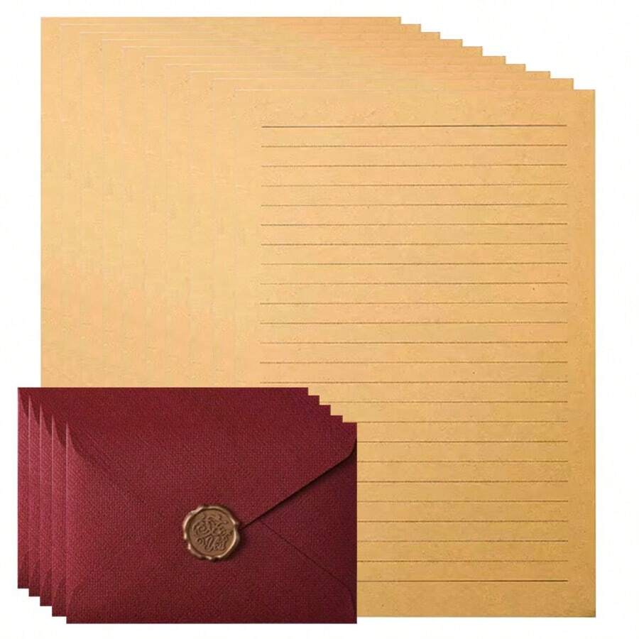 22pcs Vintage Cowhide Letter Paper Red/Beige Linen Envelope Set, Horizontal Lined Letter Paper For Handwriting, Handwritten Love Letters, Includes 12 Letter Papers + 5 Envelopes + 5 Wax Seals - Set - View 1