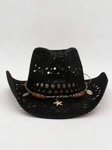 1pc Bohemian Style Solid Color Star Embellished Hollow Out Panama Straw Hat, Casual UV Protection Decorative Sun Hat, Fashionable Versatile, Suitable For Outdoor Activities, All Season - A - View 9