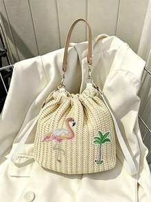Dedoo 女款水桶斜挎包，火烈鳥與棕櫚樹刺繡草編抽繩手提包，雙肩帶波希米亞風沙灘包，適合夏季度假女性 - 杏色 - 查看 4