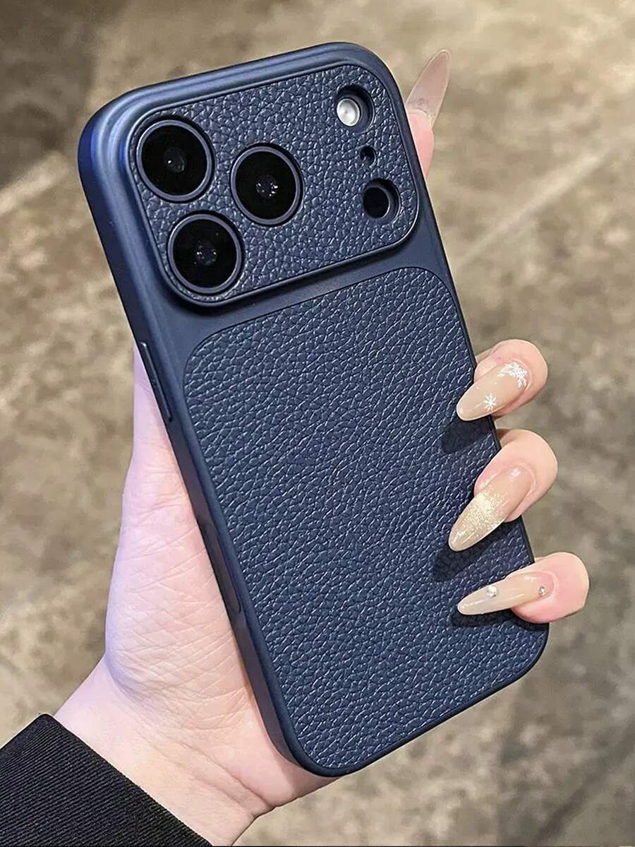 1pc Navy Blue Lychee Texture Leather Patchwork Electroplated Frame Hard Shell Phone Case, Compatible With IPhone 17 Pro Max/16/15/14/13/12/11 Pro Plus/16E, Full Large Hole Split Lens Protection Cover, Waterproof Shockproof Anti-Drop Anti-Scratch Business Phone Case - Dark Blue - View 1