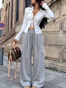 Lasy Women's Knitted Wide Leg Pants, Versatile Comfortable Sports Casual Pants, Perfect Choice For Daily Commute. - Grey - View 4