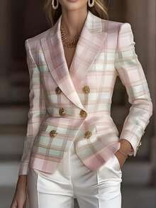 Soft Style Digital Random Print Light Pink & Green Plaid Stand Collar Short Blazer For Women, Smooth Crisp Fabric Double-Breasted Pocket Cinched Cinched Waist Versatile Elegant Jacket - Pink - View 5