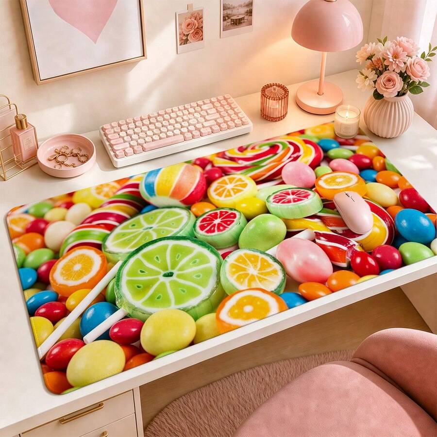 Vibrant Fruit Candy Close-Up Large Desk Mat, Colorful Lollipop Dessert Print Non-Slip Rubber Extended Mouse Pad, Waterproof Keyboard Pad, Dressing Table Bedroom Decor - View 1