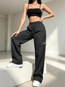 Women's Cargo Long Pants Spring Autumn Large Pockets Casual Sports Pants, Drawstring Waist, Multi-Pocket Design, Suitable For Outdoor Sports And Street Wear - Black - View 2