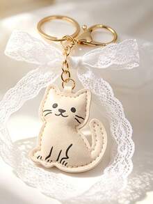 Brown/Beige 2 Colors Optional, Cute PU Leather Cat Keychain, Cartoon Novelty Cat Bag Charm, Women's Car Key Accessory, Fun Gift For Family And Friends - Multicolor - View 9