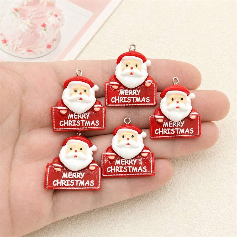 6件組樹脂聖誕老人吊墜,附「Merry Christmas」文字設計,適合DIY珠寶手工,完美用於派對配件、耳環、項鍊、包包 - 聖誕老人字牌吊墜 - 查看 1