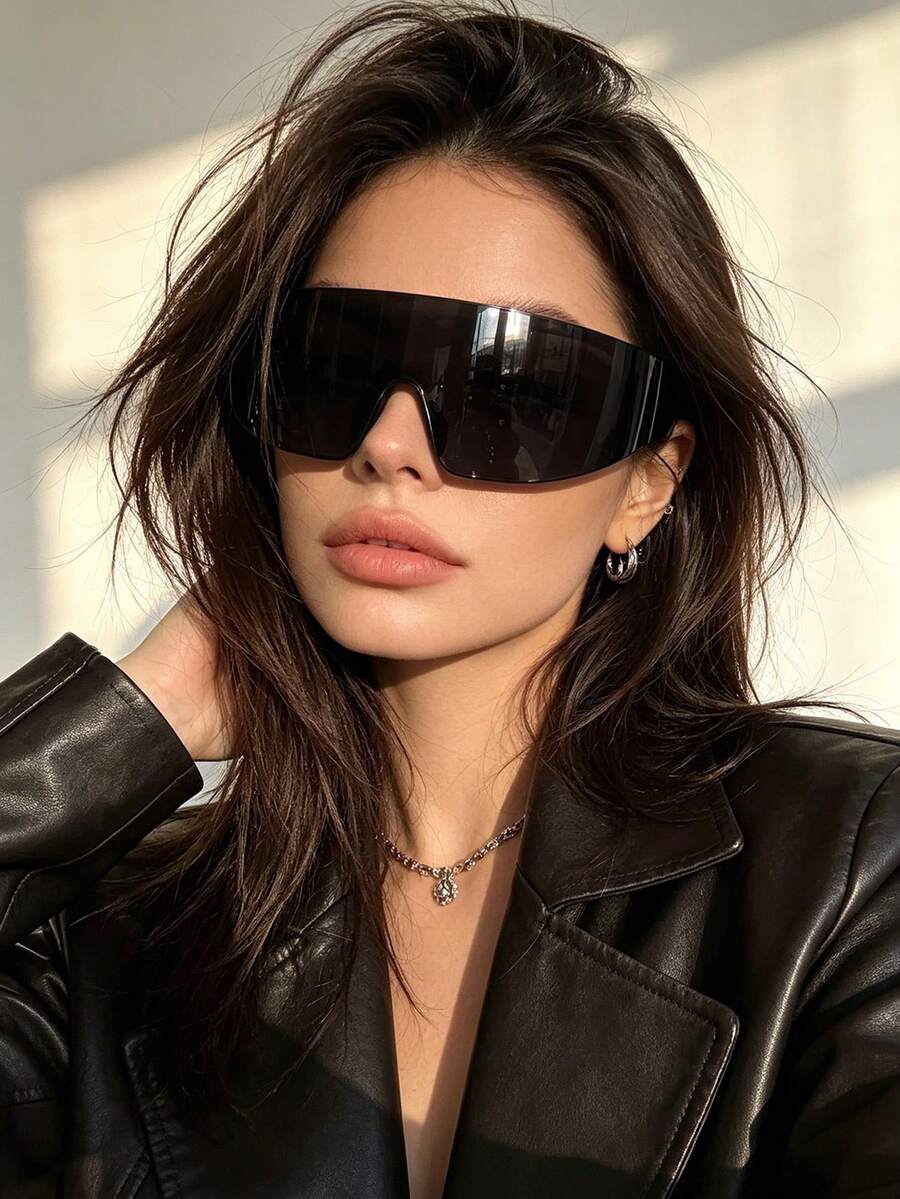 1件歐美賽博龐克未來感時尚無框切邊一體式鏡片女款眼鏡 - 黑灰色 - 查看 1