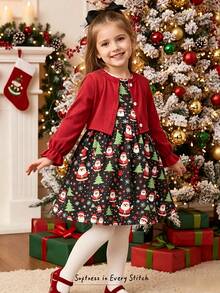 Girls Christmas Holiday 2 Pieces Dress Set, Red Ribbed Knit Ruffle Sleeve Long Sleeve Cropped Cardigan + Santa Claus Christmas Tree Snowflake All-Over Print Full Skirt A-Line Spaghetti Strap Princess Dress - Red - View 1