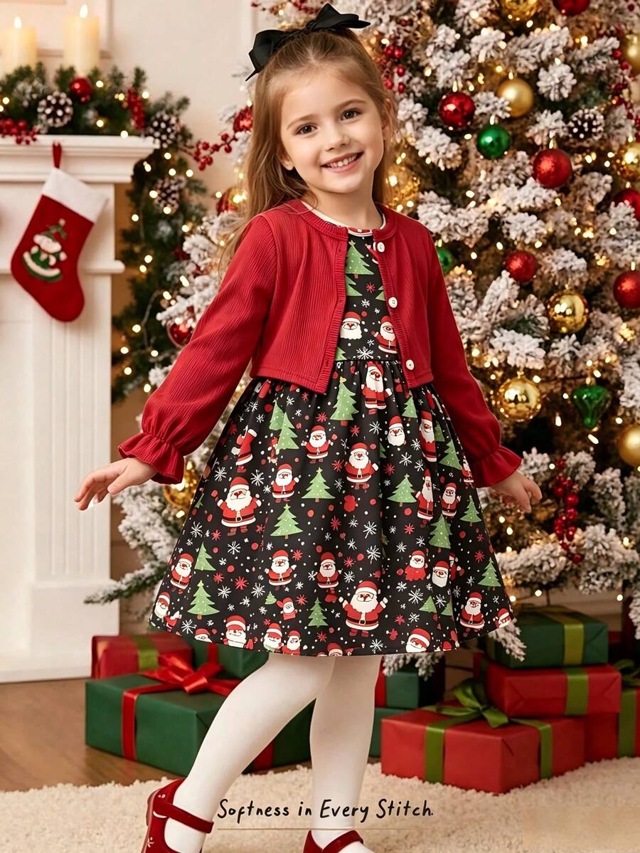Girls Christmas Holiday 2 Pieces Dress Set, Red Ribbed Knit Ruffle Sleeve Long Sleeve Cropped Cardigan + Santa Claus Christmas Tree Snowflake All-Over Print Full Skirt A-Line Spaghetti Strap Princess Dress - Red - View 1