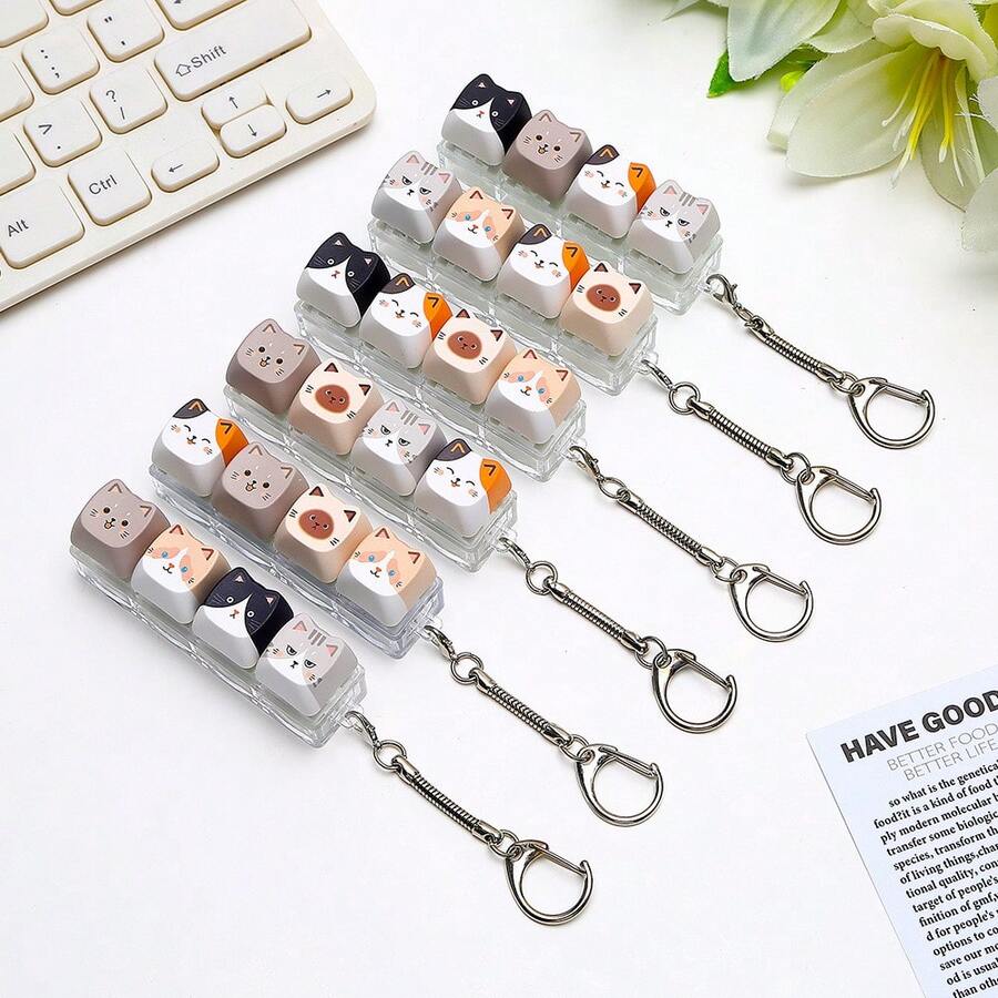 1pc DIY Keyboard Keycap Keychain Accessory, Creative Keycap Pendant Charm, Cute Cat Portable Decorative Key Ring, Suitable For Backpack And Handbag Decoration - Multicolor - View 1