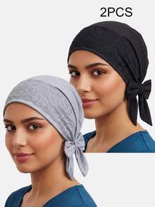 2pcs Women's Lace Trim Ribbon Headscarf Tie Headwrap Hat Chemotherapy Cap Suitable For Daily Use - Multicolor - View 4