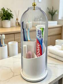 Makeup Brush Storage Rack With Lid | 360° Rotating Dust-Proof ABS Storage Box, 3-Compartment Sliding Cover Toothbrush Holder, Non-Slip Base Design; Multi-Functional Space-Saving Storage Tube, Can Store Makeup Brushes, Toothpaste, Suitable For Vanity, Bathroom, Home, Dorm, Apartment - Multicolor - View 2