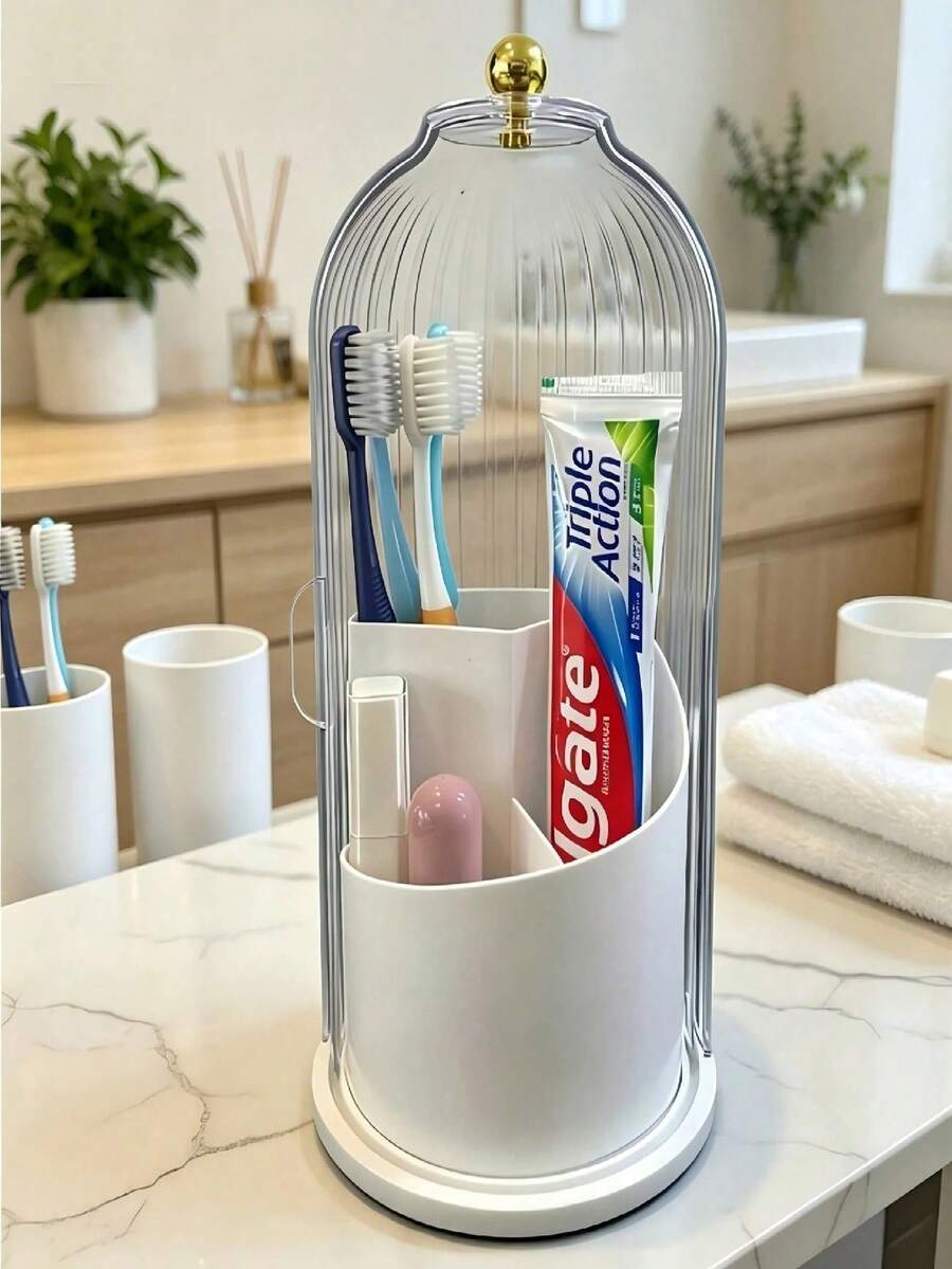 Makeup Brush Storage Rack With Lid | 360° Rotating Dust-Proof ABS Storage Box, 3-Compartment Sliding Cover Toothbrush Holder, Non-Slip Base Design; Multi-Functional Space-Saving Storage Tube, Can Store Makeup Brushes, Toothpaste, Suitable For Vanity, Bathroom, Home, Dorm, Apartment