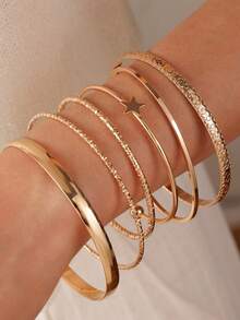 Juego de 6 pulseras/brazaletes dorados, brazaletes apilables con textura mixta en forma de estrella - Dorado - Ver 2