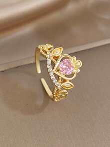 1Pc/Set Luxuy Sweet Gold Plated Round Zirconia Heart Crown Rings Set, Gold Jewelry Gift, For Daily Party Birthday Valentine's Day, Boho/Y2K Accessories - Multicolor - View 5